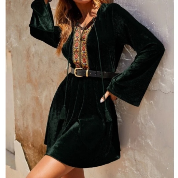 Bohemian Black Floral Embroidered Velvet Mini Dress - Picture 12 of 14